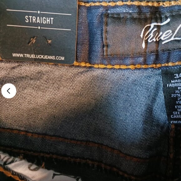 True Luck Jeans men's Stretch Straight 3 Flap Pockets blue 34x30 Embroidered - Picture 14 of 14